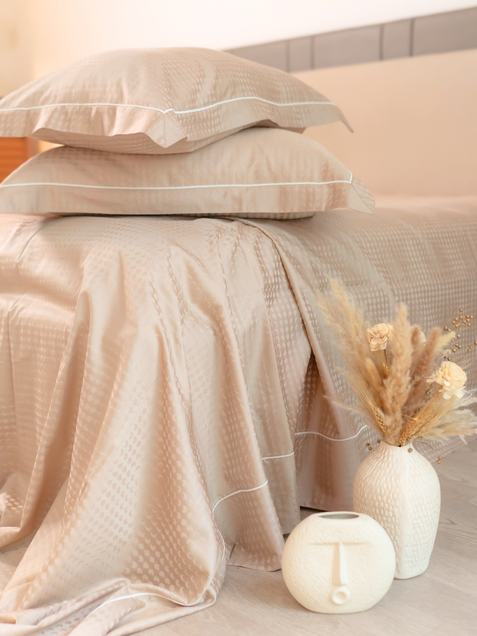 Biscotti Beige Premium Tencel Jacquard Bedsheet Set with Lace