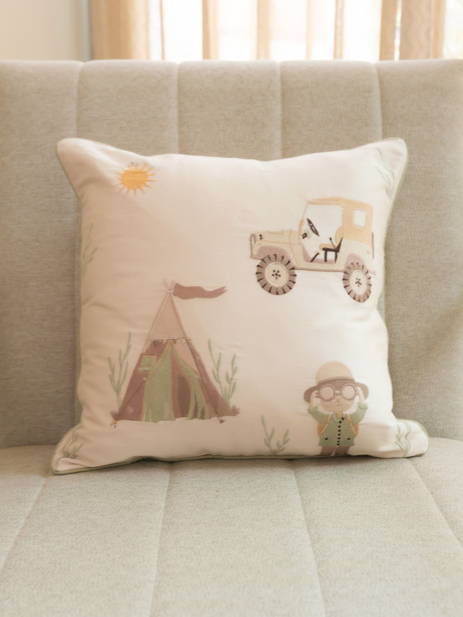 Camp Cozy Cotton Embroidered Oats Beige Cushion Cover Kids Design 16" X 16"