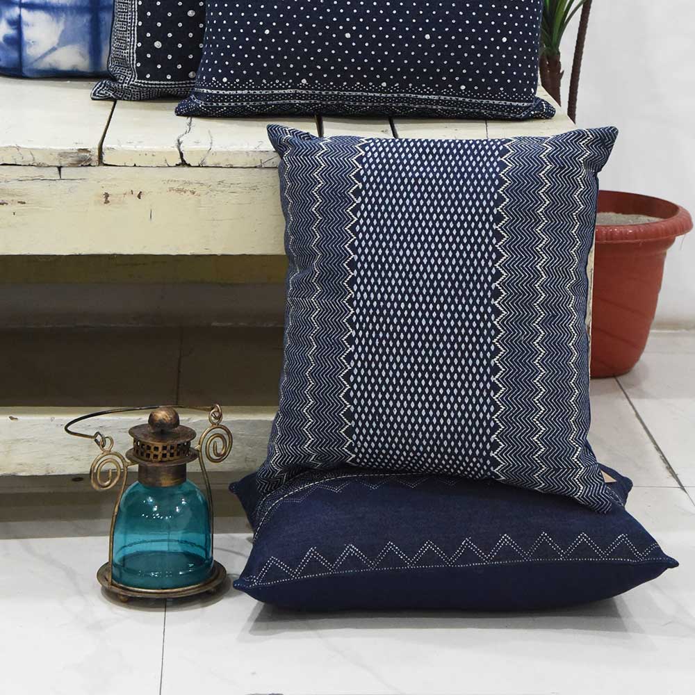 Nebraska Hand Block Printed Denim Decorative Cushion Case Indigo Pillow Cushion Cover 16" X 16"…