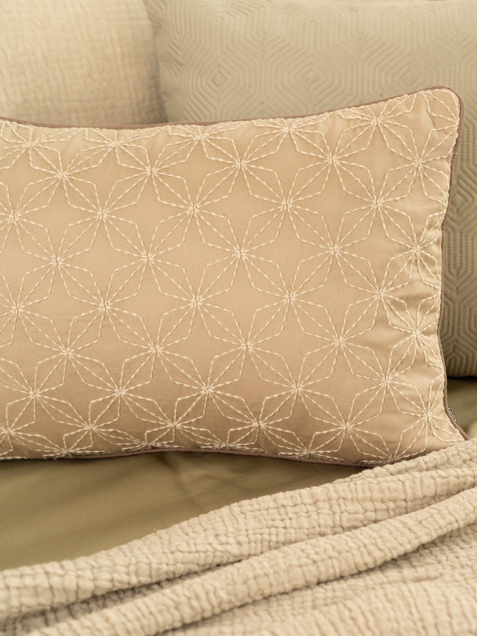 Geovibe Beige Cotton Embroidered Cushion Cover 12" X 18"