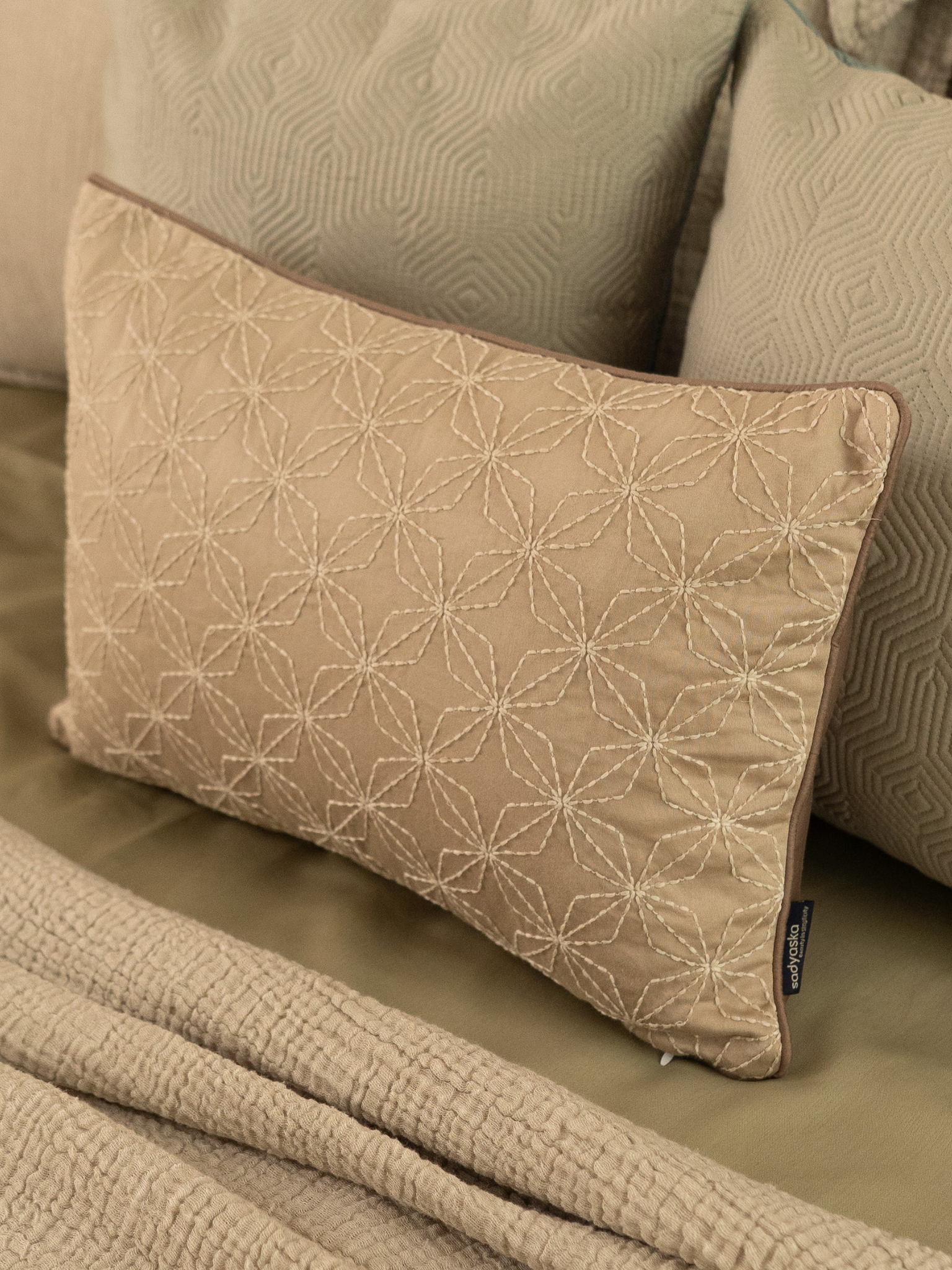 Geovibe Beige Cotton Embroidered Cushion Cover 12" X 18"