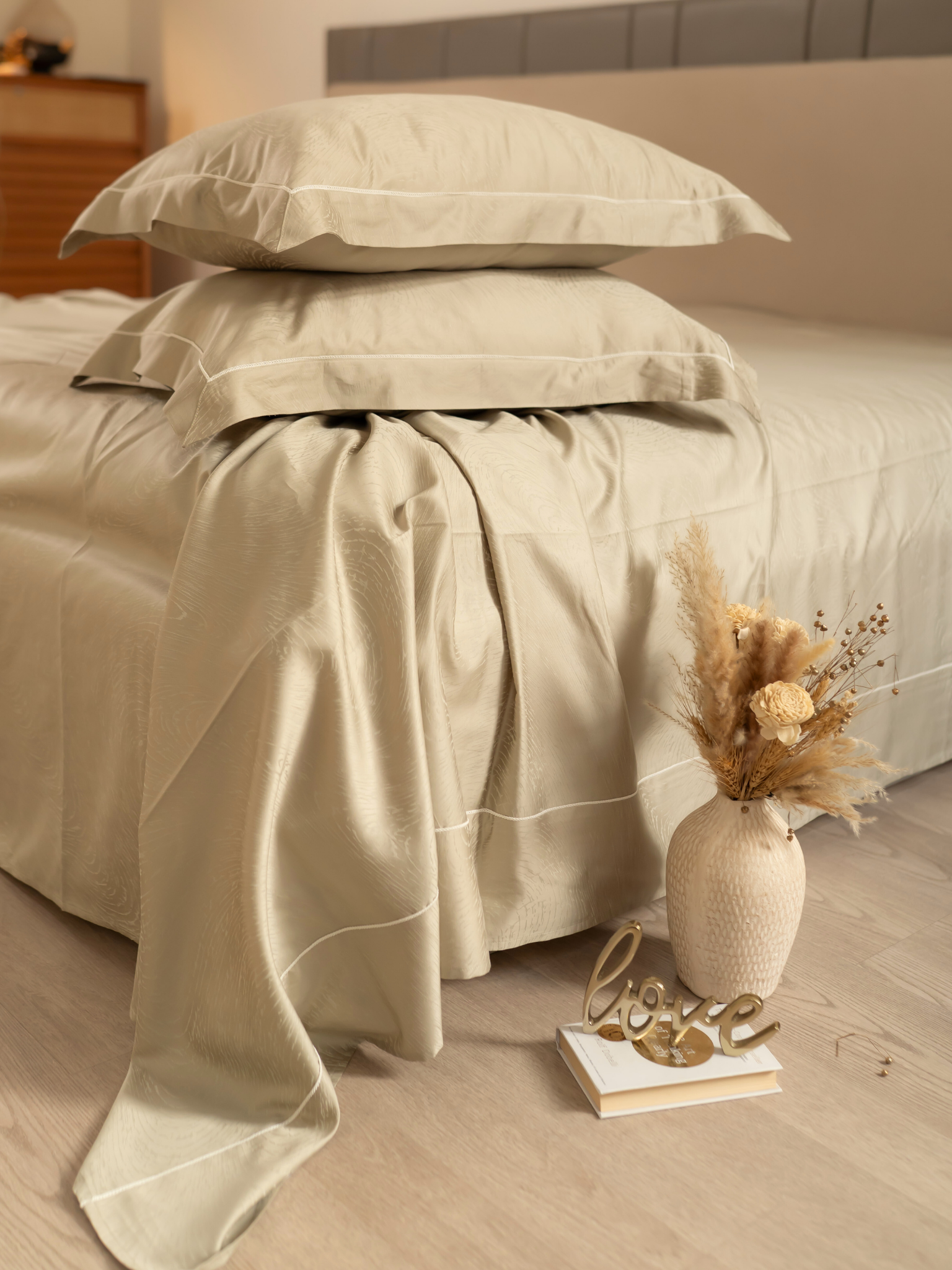 Golden Sand Premium Tencel Jacquard Bedsheet Set with Lace