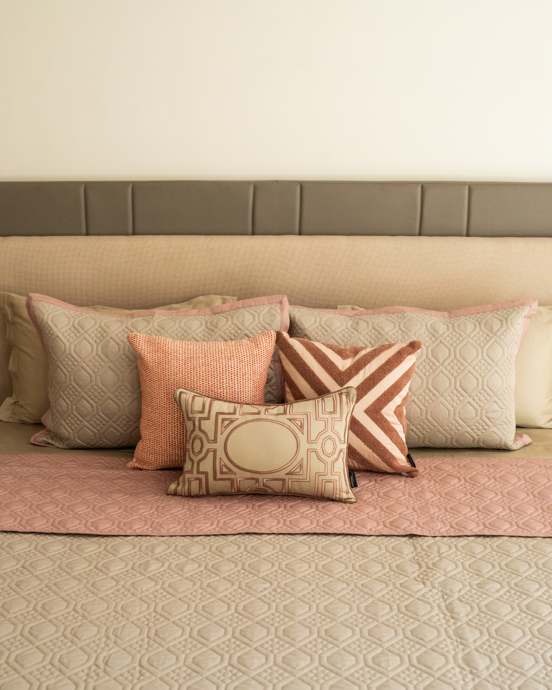 Quilted Beige and Old Rose Malta Reversible Bedspread