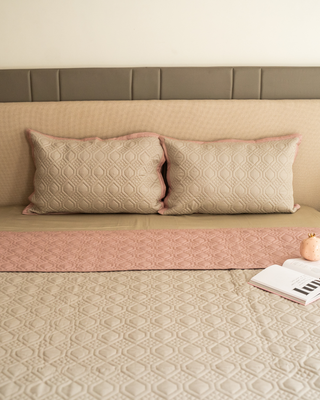 Quilted Beige and Old Rose Malta Reversible Bedspread