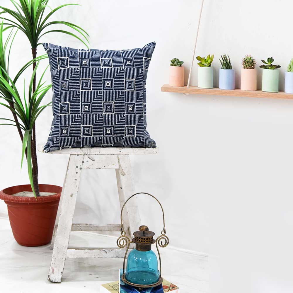 Denim Embroidered Hand Block Print Cushion Cover Indigo Decorative Pillow Cushion Case 16" X 16"…