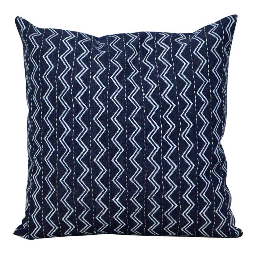 Designer Kantha Embroidered Denim Cushion Cover Denim Indigo Blue Printed Pillow Cushion Case 16" X 16"