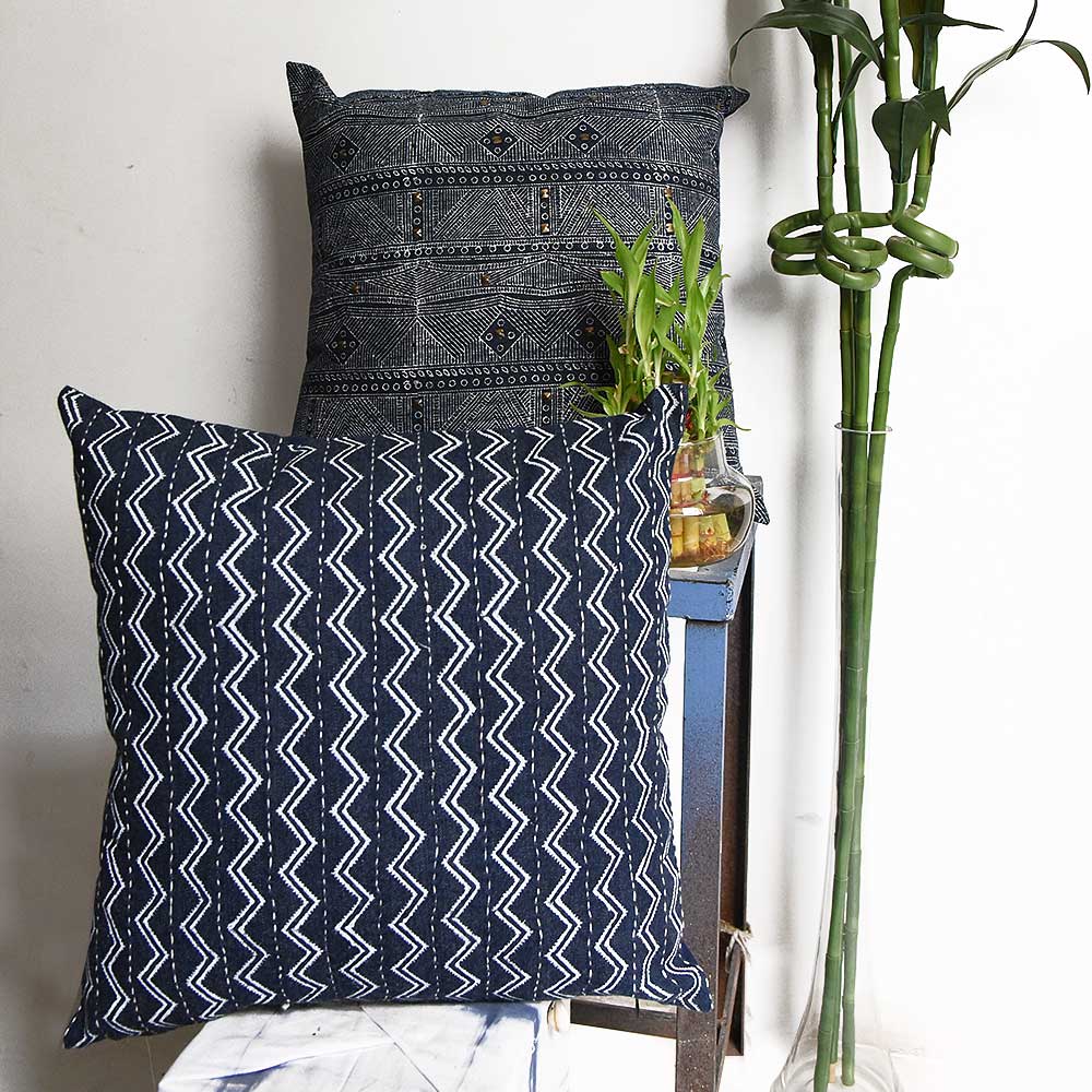Designer Kantha Embroidered Denim Cushion Cover Denim Indigo Blue Printed Pillow Cushion Case 16" X 16"
