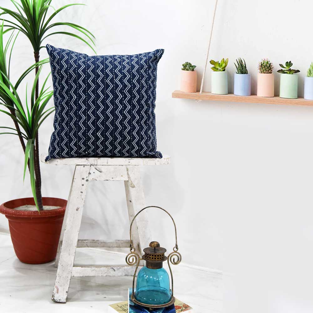 Designer Kantha Embroidered Denim Cushion Cover Denim Indigo Blue Printed Pillow Cushion Case 16" X 16"