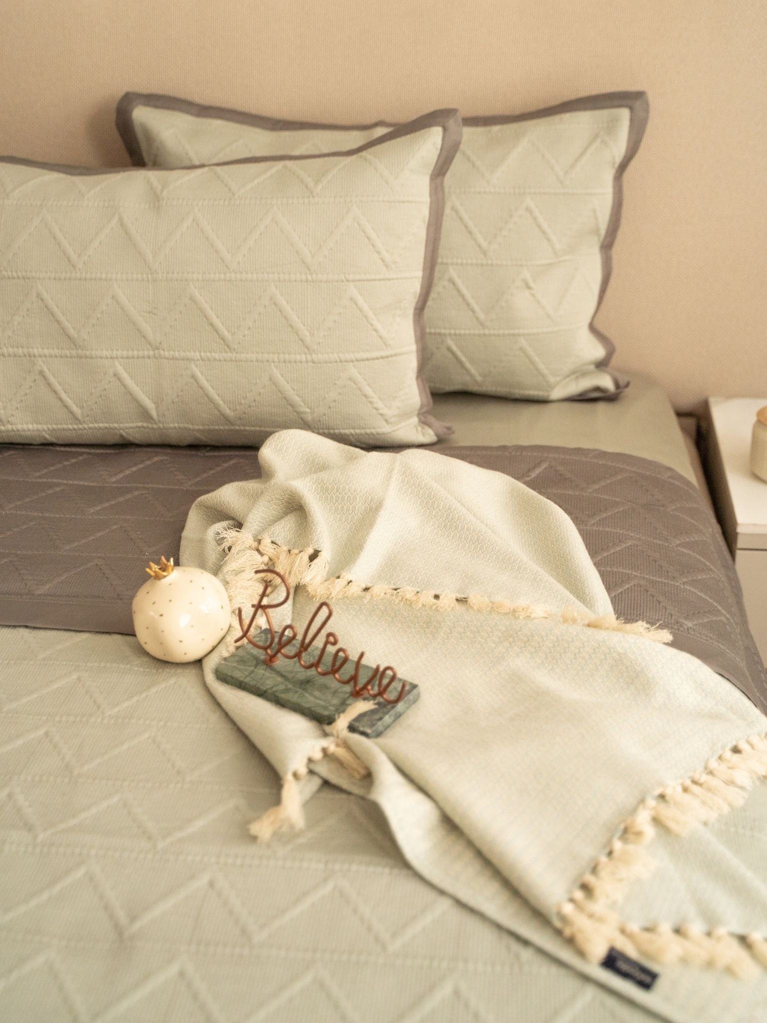 Trigon Sage Green and Dark Grey 300TC Cotton Bedding Set (10 PC Set)