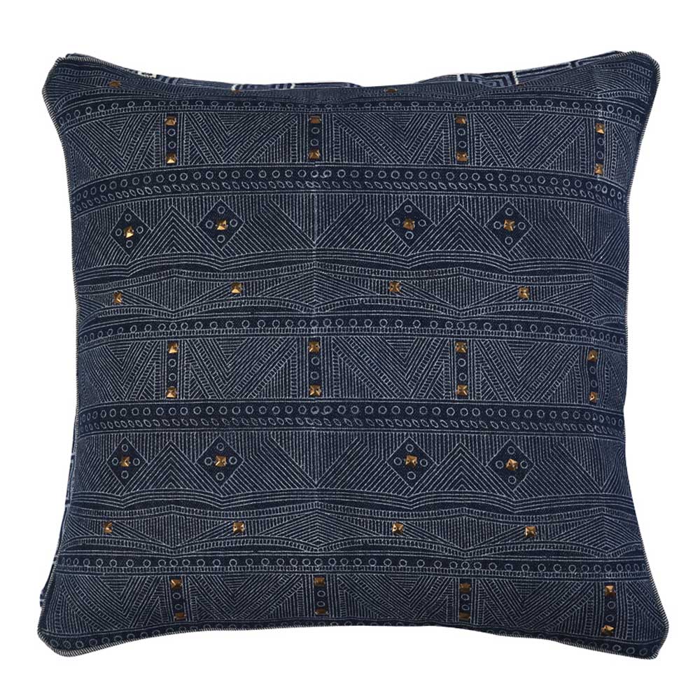 Comfort Michigan Denim Printed Cushion Cover Hand Block Embroidered Indigo Pillow Cushion Case 16" X 16"…