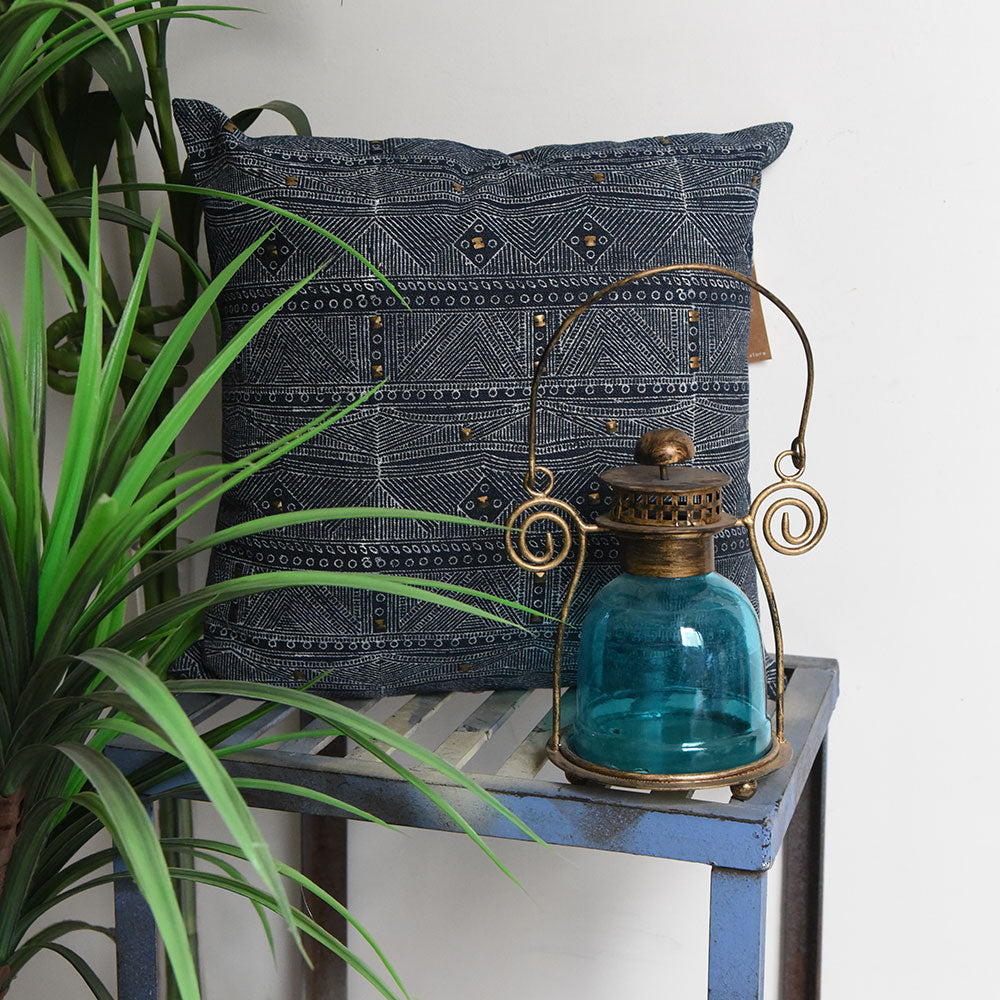 Comfort Michigan Denim Printed Cushion Cover Hand Block Embroidered Indigo Pillow Cushion Case 16" X 16"…