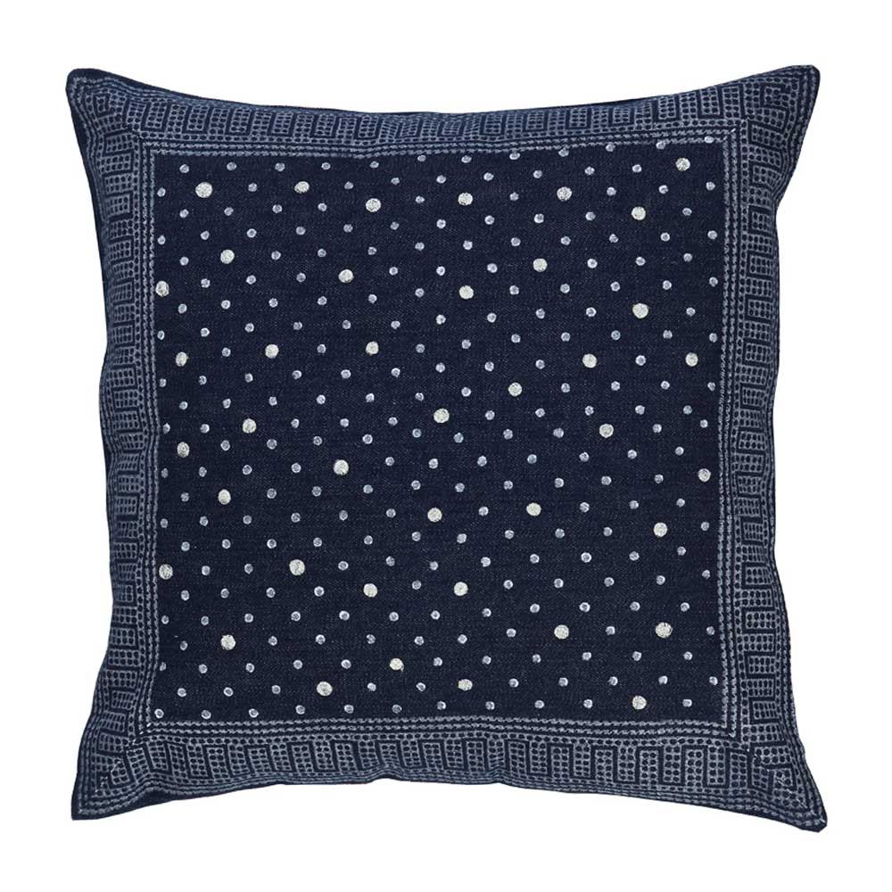 Navy Dotted Denim Printed Cushion Cover Hand Embroidered Block Print Pillow Cushions Case 16" X 16"…