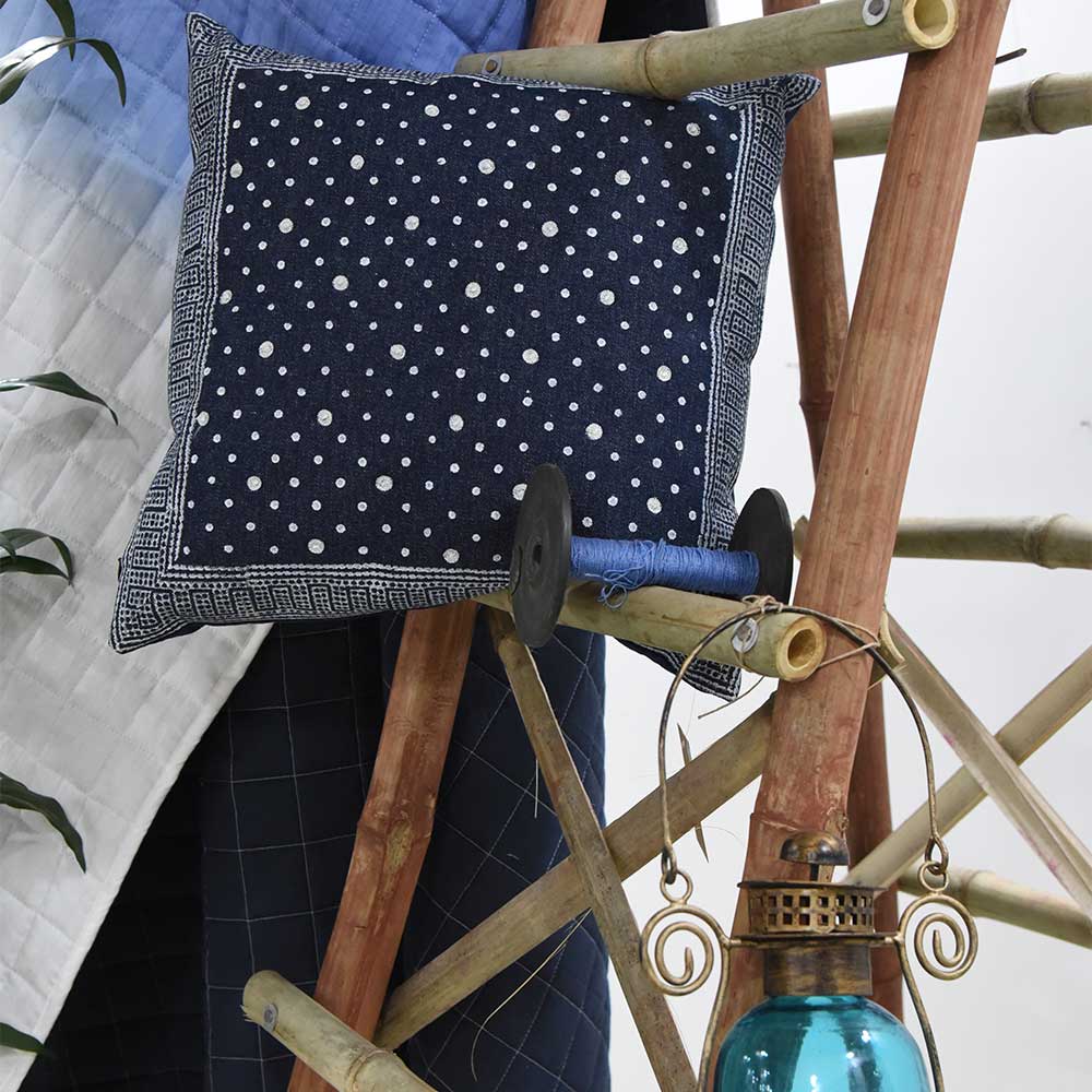 Navy Dotted Denim Printed Cushion Cover Hand Embroidered Block Print Pillow Cushions Case 16" X 16"…