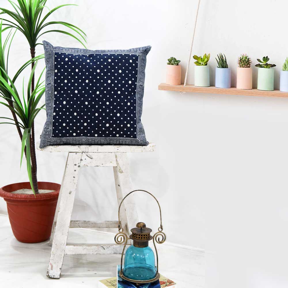Navy Dotted Denim Printed Cushion Cover Hand Embroidered Block Print Pillow Cushions Case 16" X 16"…