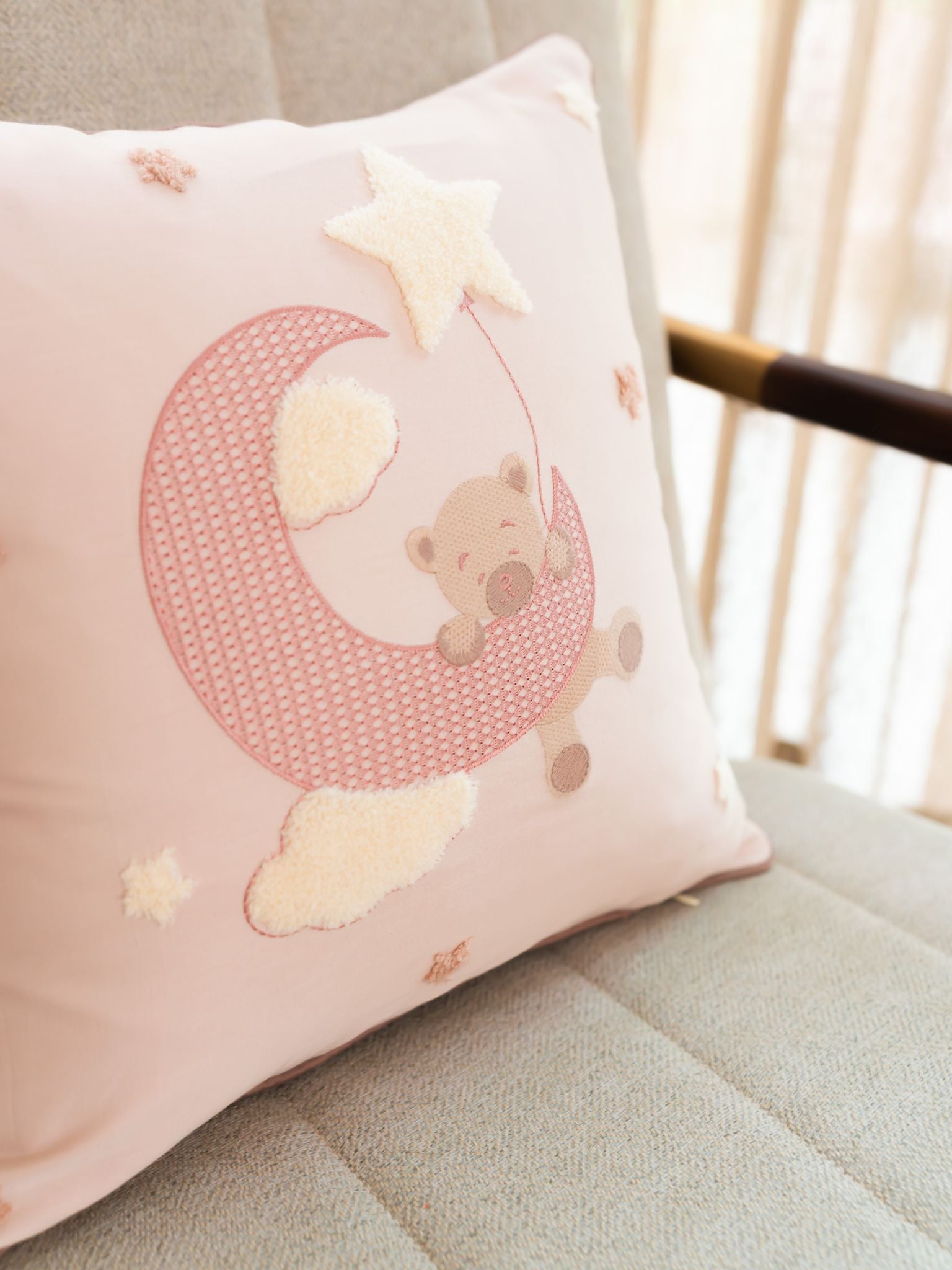Twinkle Nap Cotton Embroidered Buff Cushion Cover Kids Design 16" X 16"