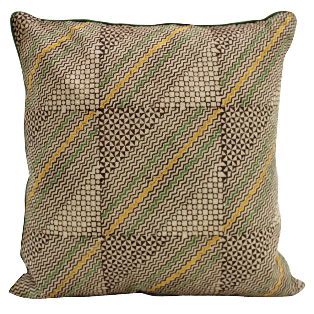 Block Printed and Embroidered Cotton Cushion Cover Gold Color 1 Piece (16" X 16")…