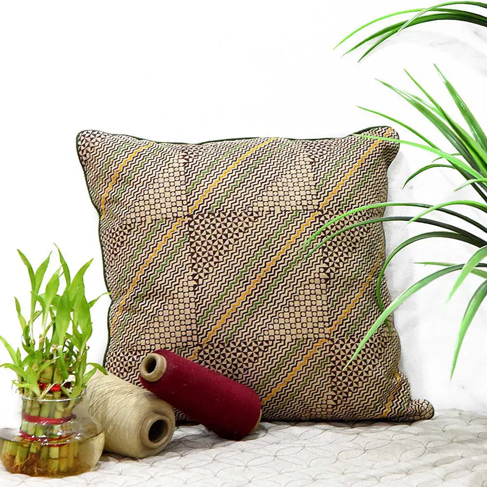 Block Printed and Embroidered Cotton Cushion Cover Gold Color 1 Piece (16" X 16")…