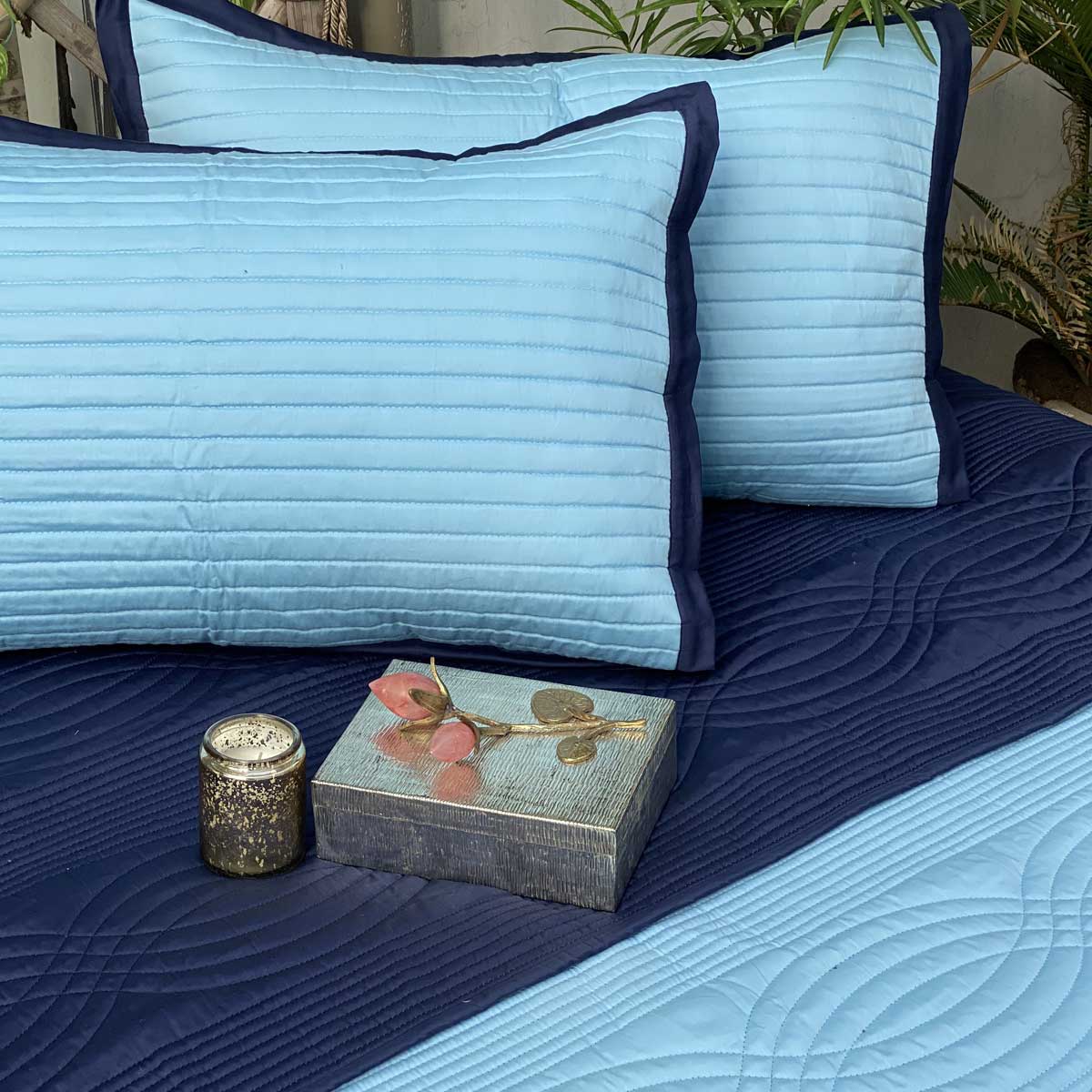 Florence Sky Blue & Navy Reversible Bedspread