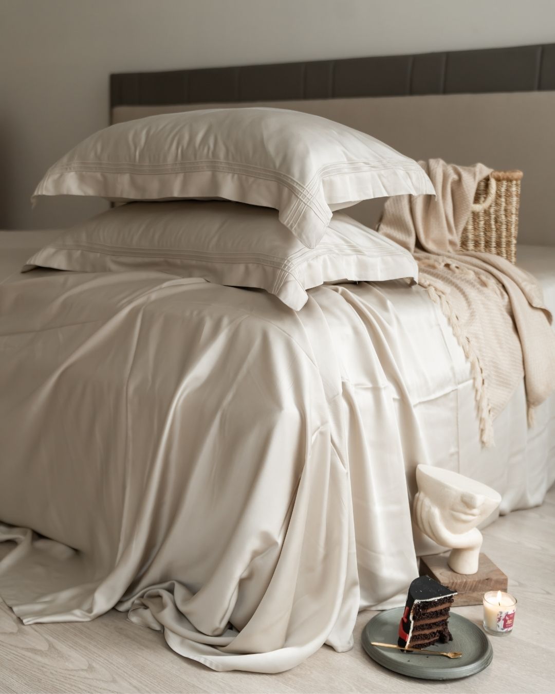 Modern Grey Pleated Bamboo Bedsheet Set
