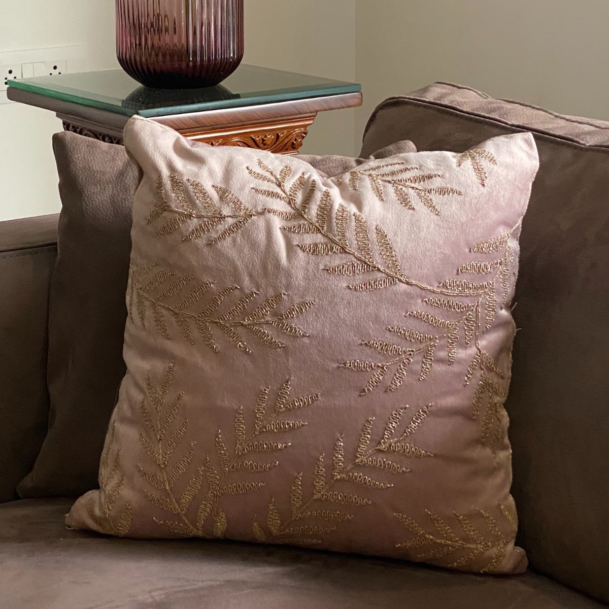 Decorative Frond Onion Pink Velvet Cushion Cover 16x16