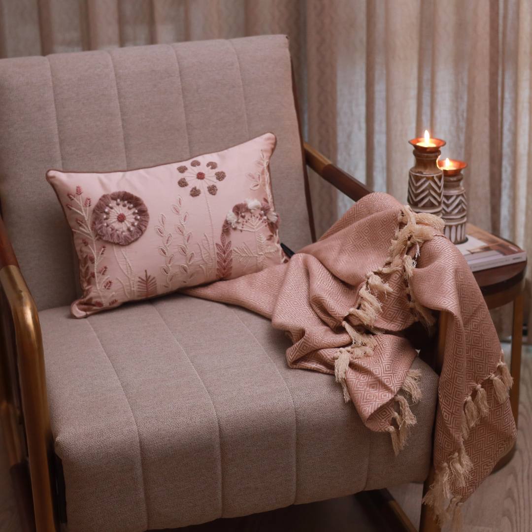 Daisy Cotton Embroidered Buff Cushion Cover 12" X 18"