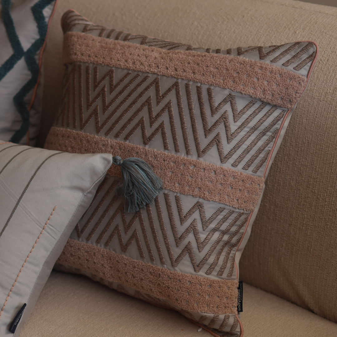 Chevron Fusion Cotton Embroidered Grey Cushion Cover 16" X 16"