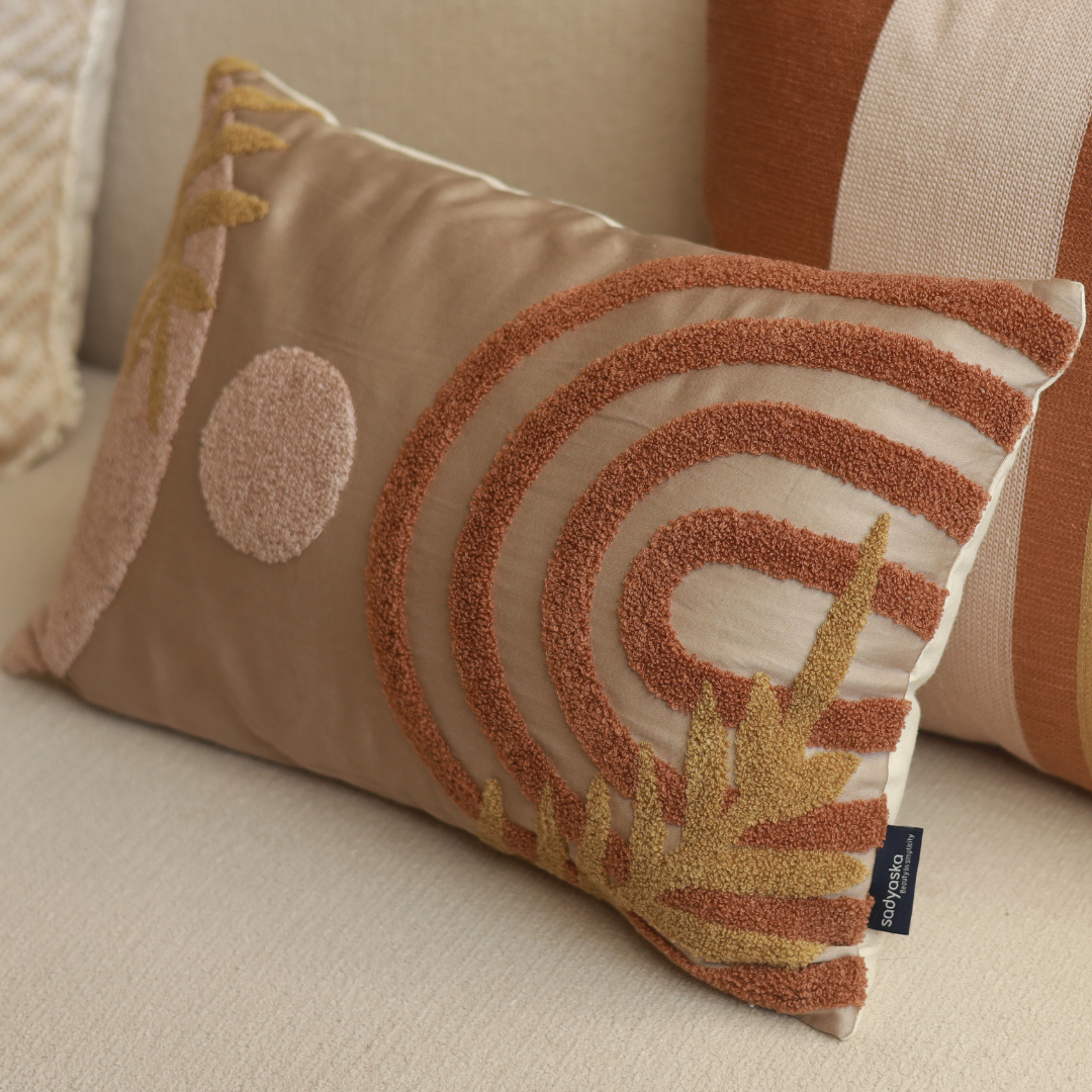 Serenity Leaf Cotton Embroidered Sand Cushion Cover 12" X 18"