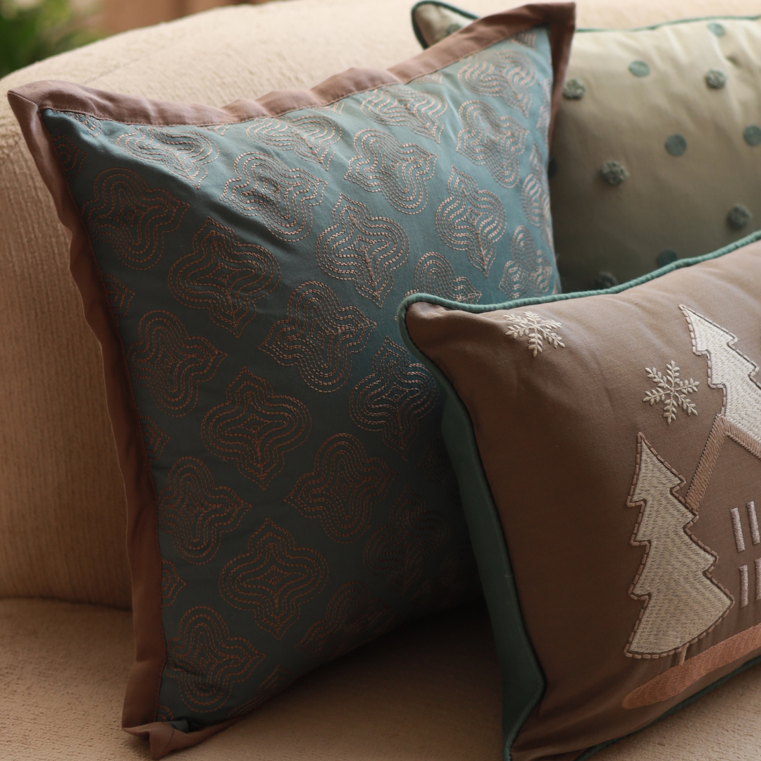 Lantern Cotton Embroidered Teal Cushion Cover 16" X 16"