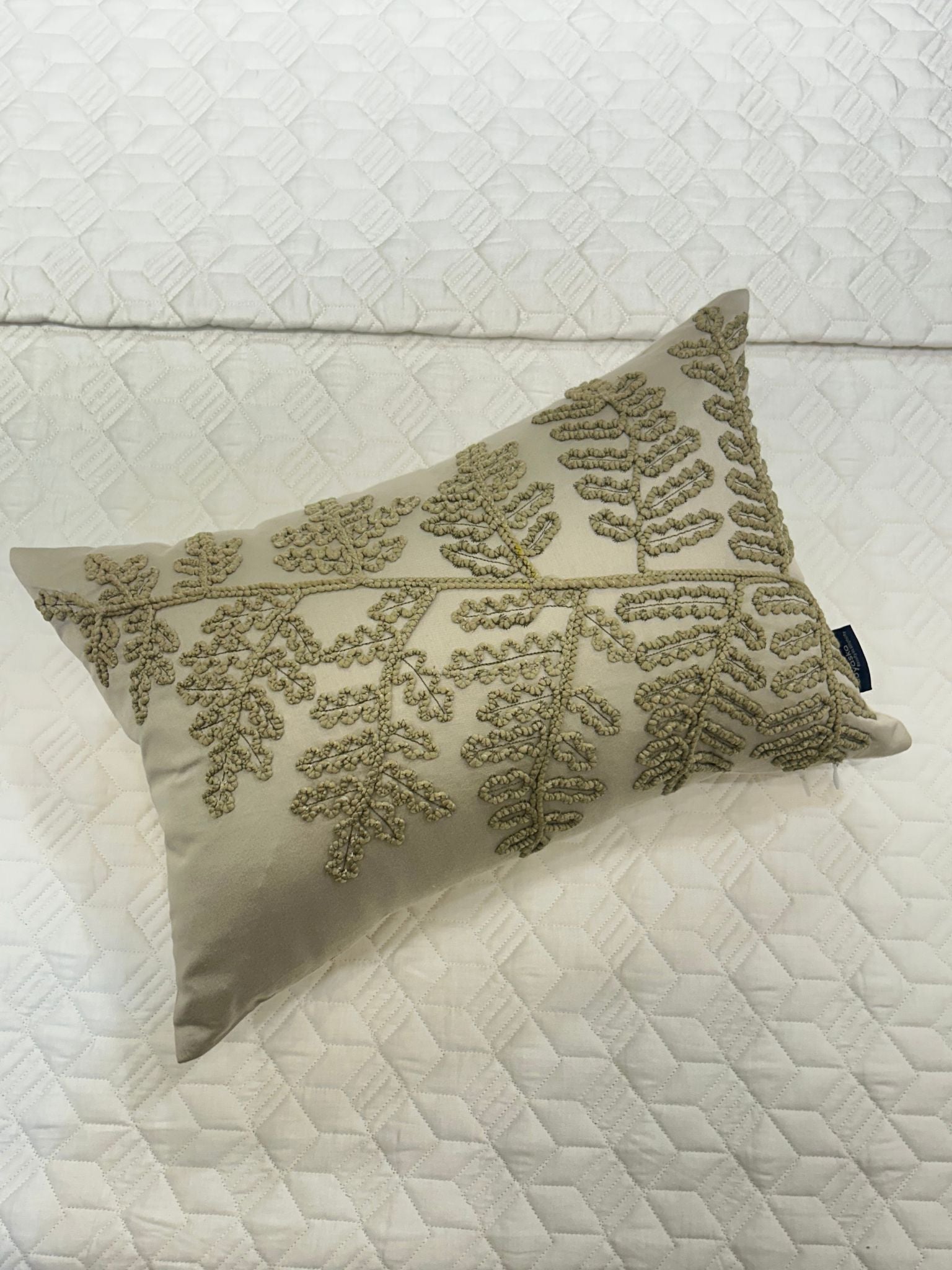 Foliage Haven Cotton Embroidered Beige Cushion Cover 12" X 18"