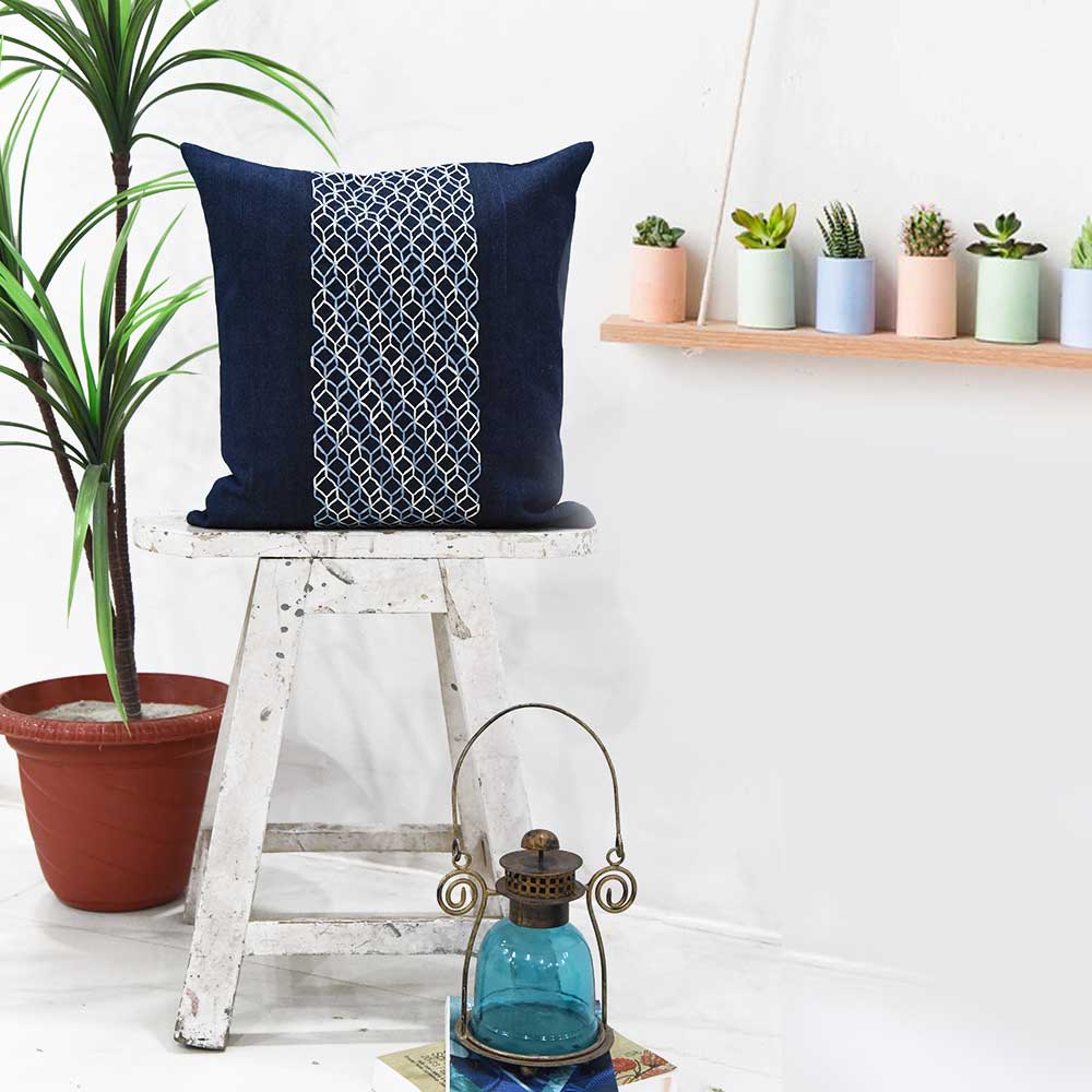 Cuba Stylish Denim Embroidered Cushion Cover 3D Look Sofa Chair Patio Outdoor Indigo Blue Denim Pillow Cushion Case 16" X 16"…