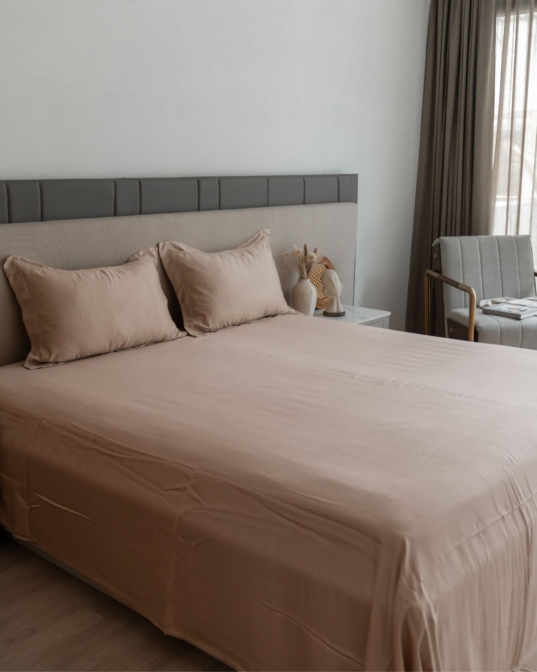 Peach Cream Pleated Bamboo Bedsheet Set