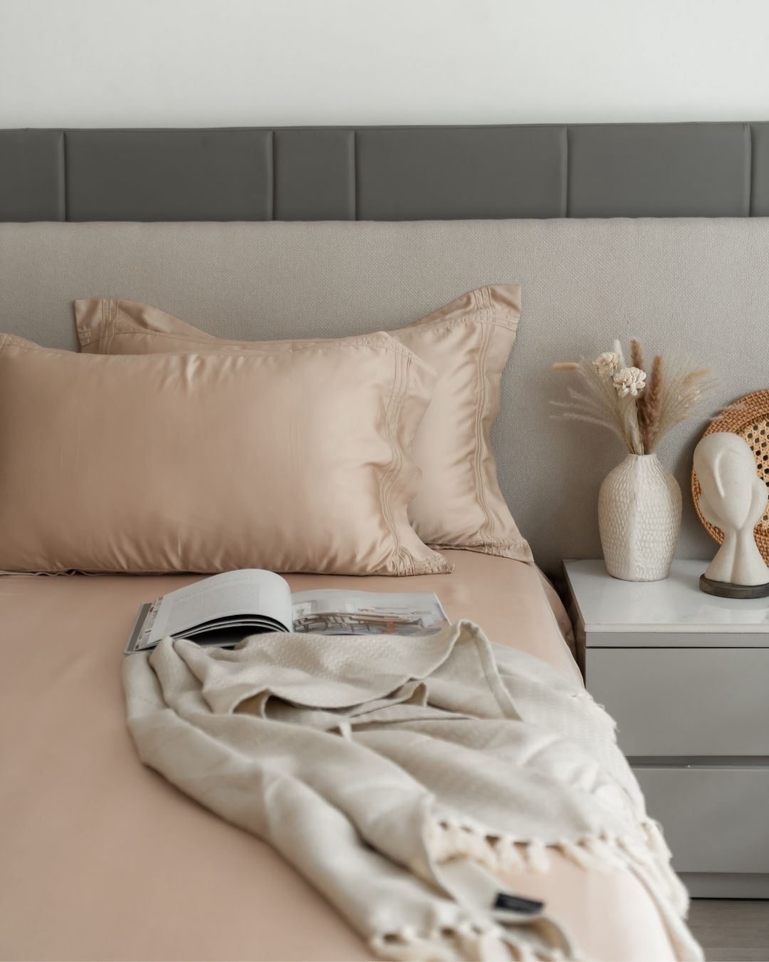 Peach Cream Pleated Bamboo Bedsheet Set