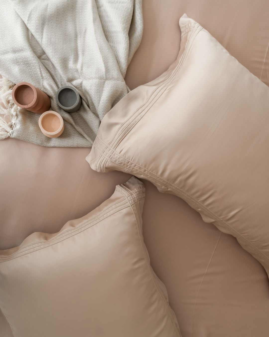 Peach Cream Pleated Bamboo Bedsheet Set