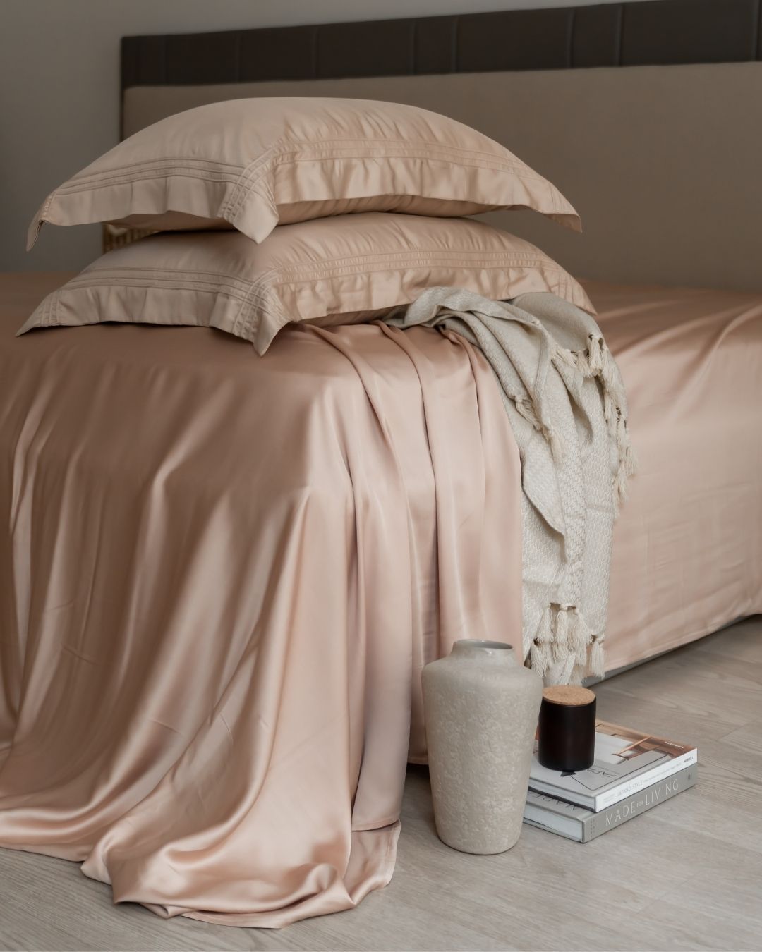 Peach Cream Pleated Bamboo Bedsheet Set