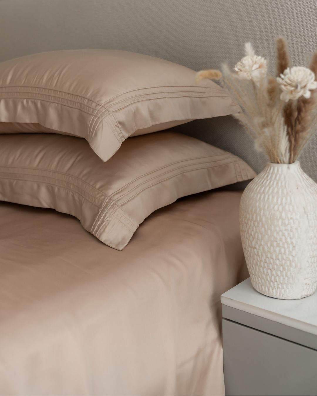 Peach Cream Pleated Bamboo Bedsheet Set