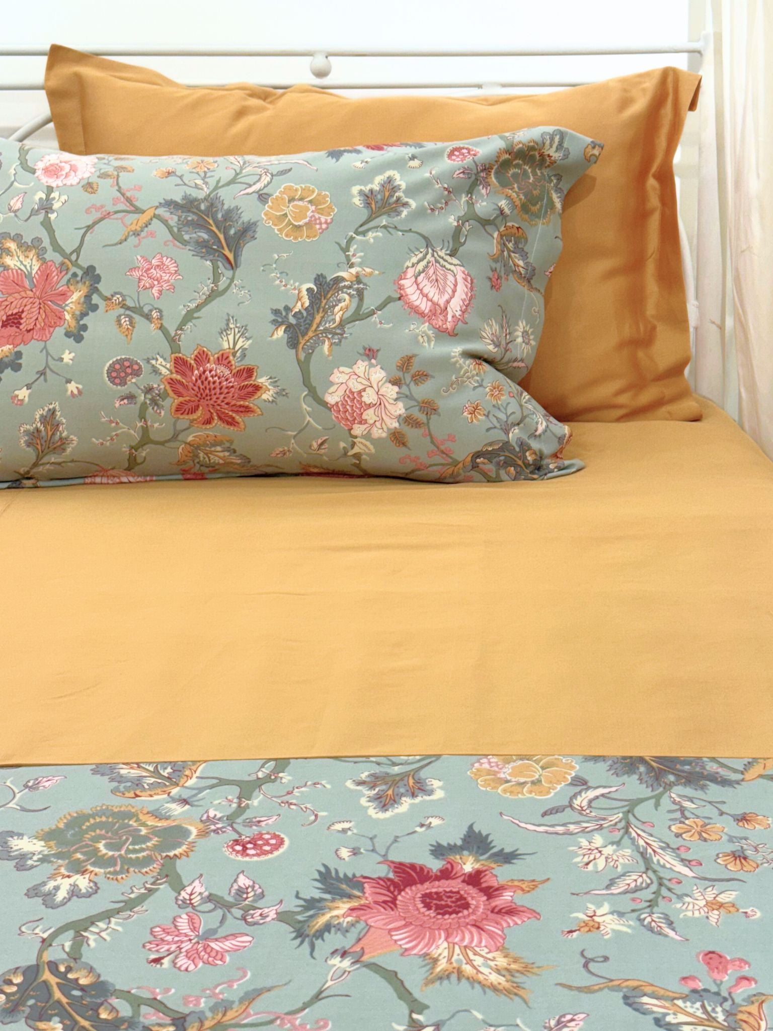 Coco Sage Green and Honey Mustard Cotton 5 PC Bedsheet Set (Print and Solid)