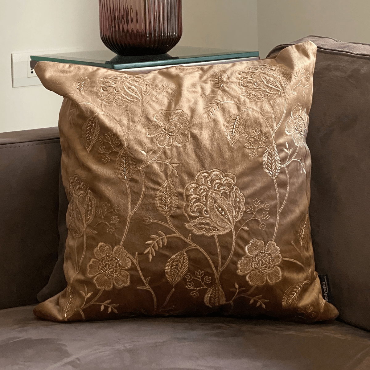 Decorative Bloomy Camel Velvet Cushion Cover 16x16