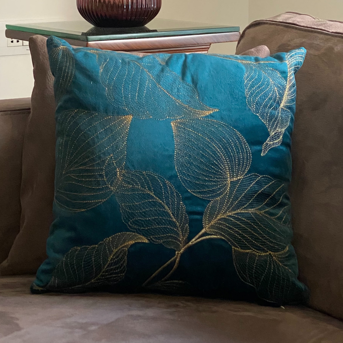 Decorative Leaf Emerald Velvet Cushion Cover 16x16