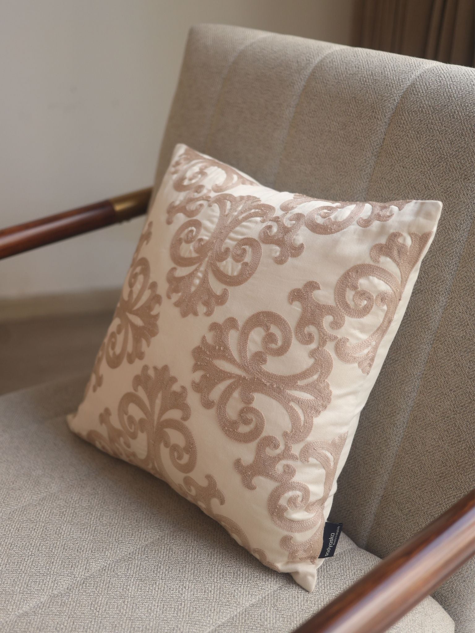 Blooming Elegance Cotton Embroidered Buff Cushion Cover 16" X 16"
