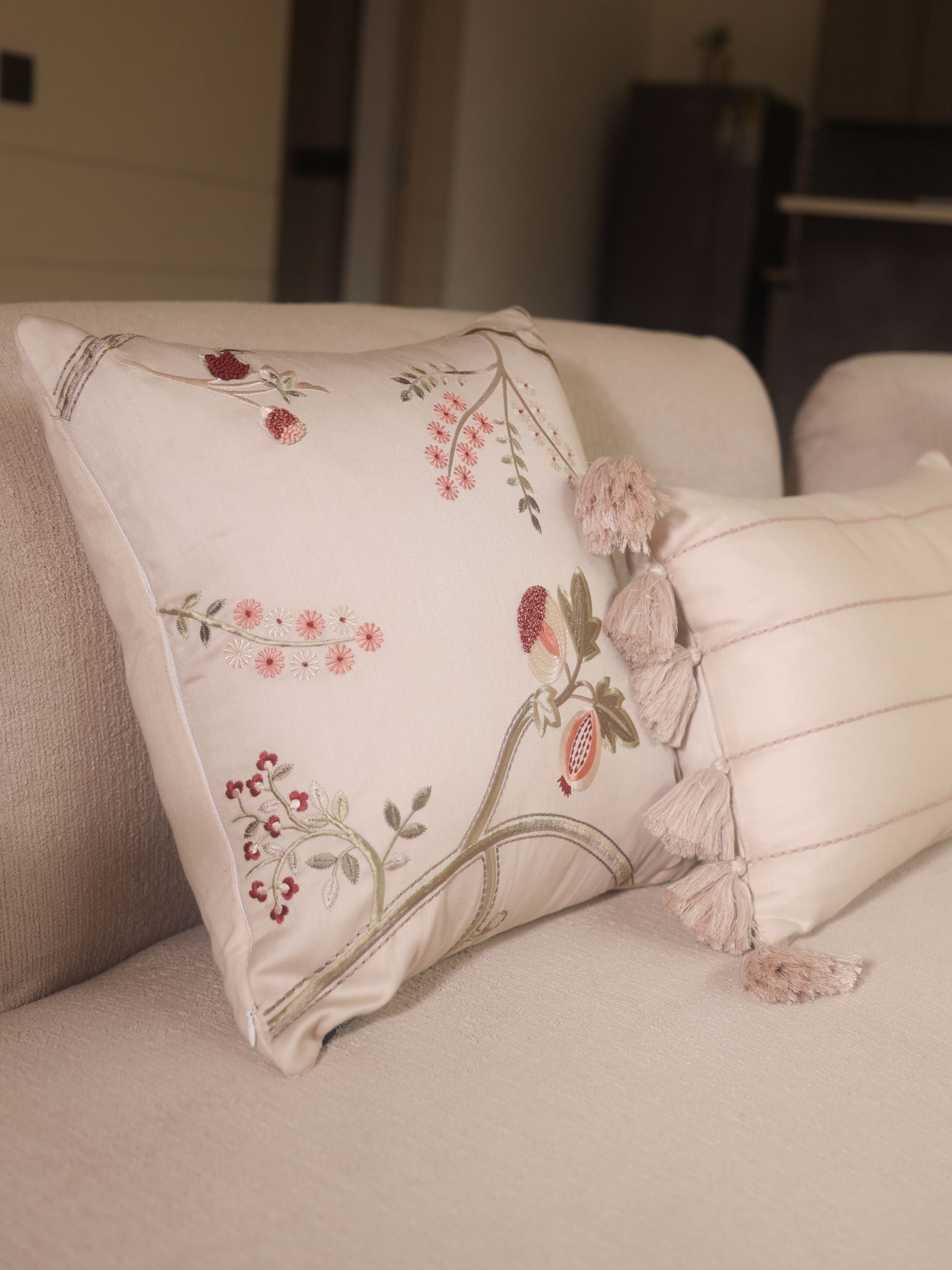 Botanical Charm Cotton Embroidered Beige Cushion Cover 16" X 16"