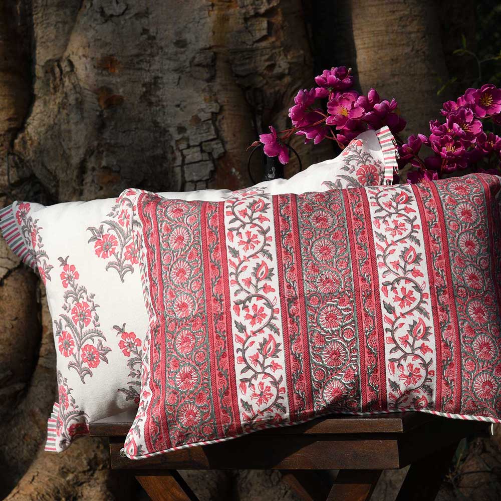Floral Hand Block Print Traditional Cushion Covers 12"x18" Garden, Patio, Drawing Room, Office, Sofa Cushion Pillow Case…