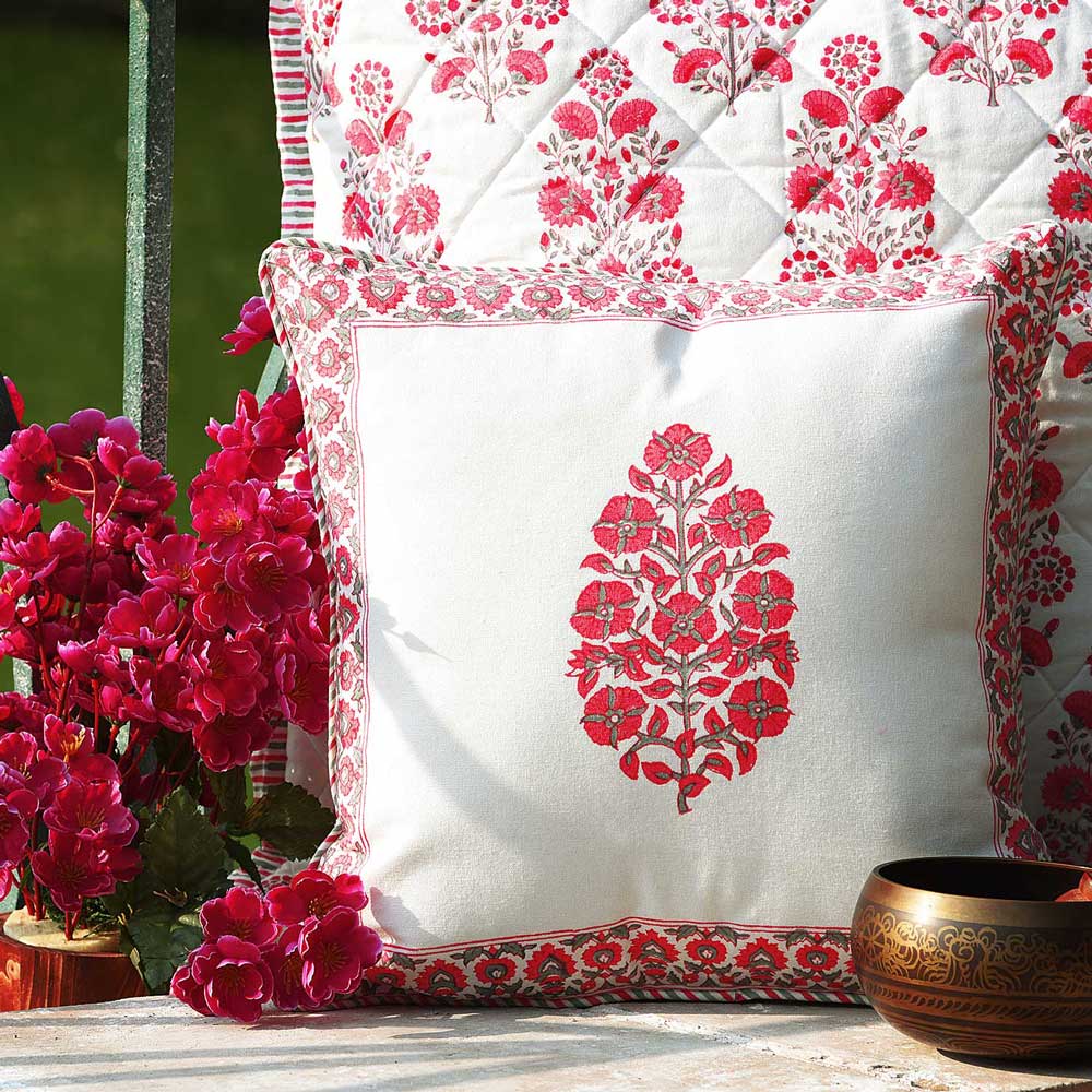 Hand Block Floral Printed Garden Living Room, Sofa Cotton Cushion Cover 16"x16"…