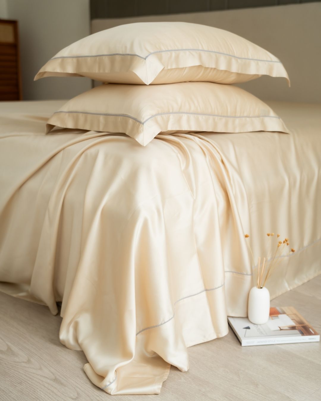 Champagne Tencel Bedsheet Set with Lace