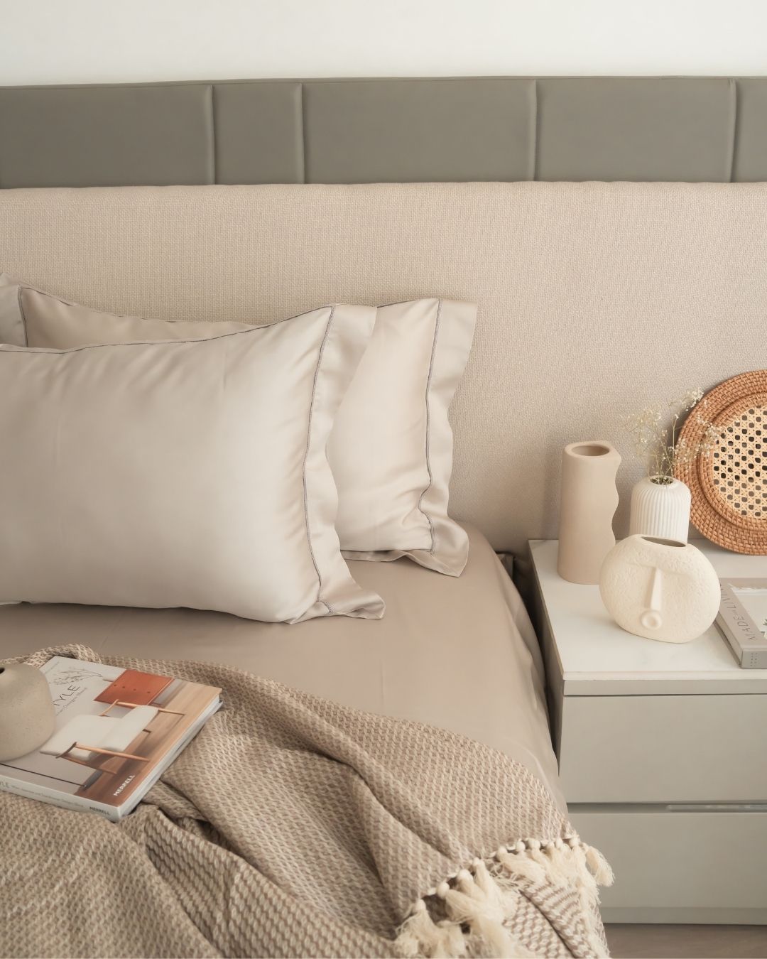 Eggshell Grey Tencel Bedsheet Set with Lace