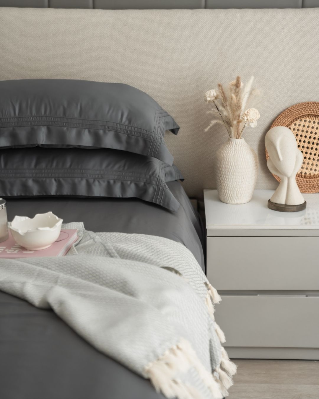Charcoal Grey Pleated Bamboo Bedsheet Set