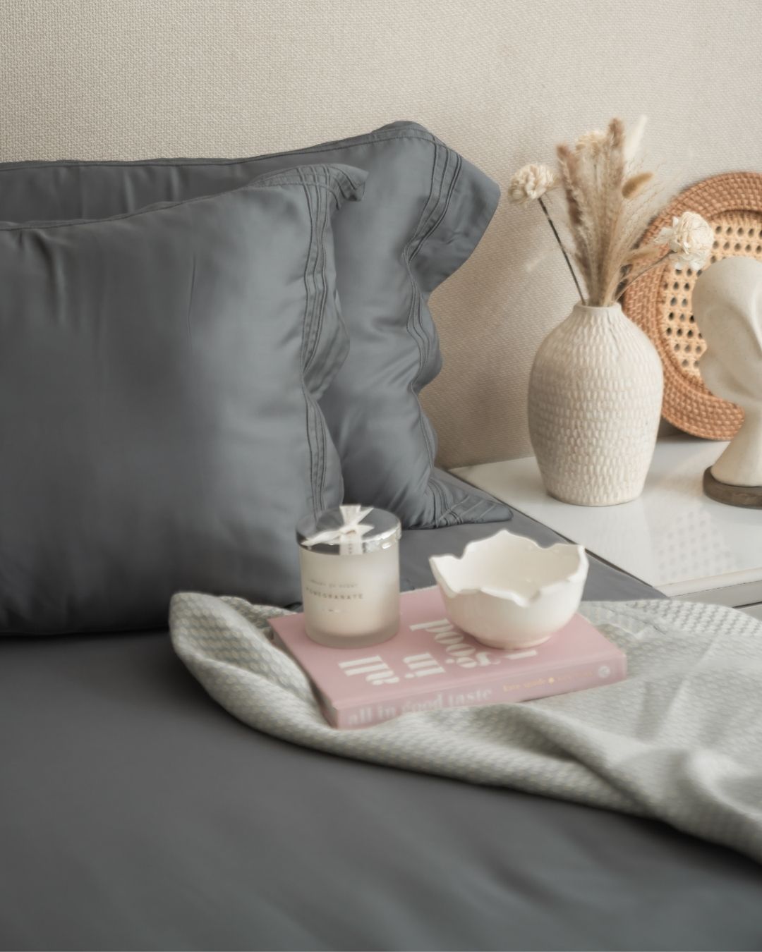 Charcoal Grey Pleated Bamboo Bedsheet Set