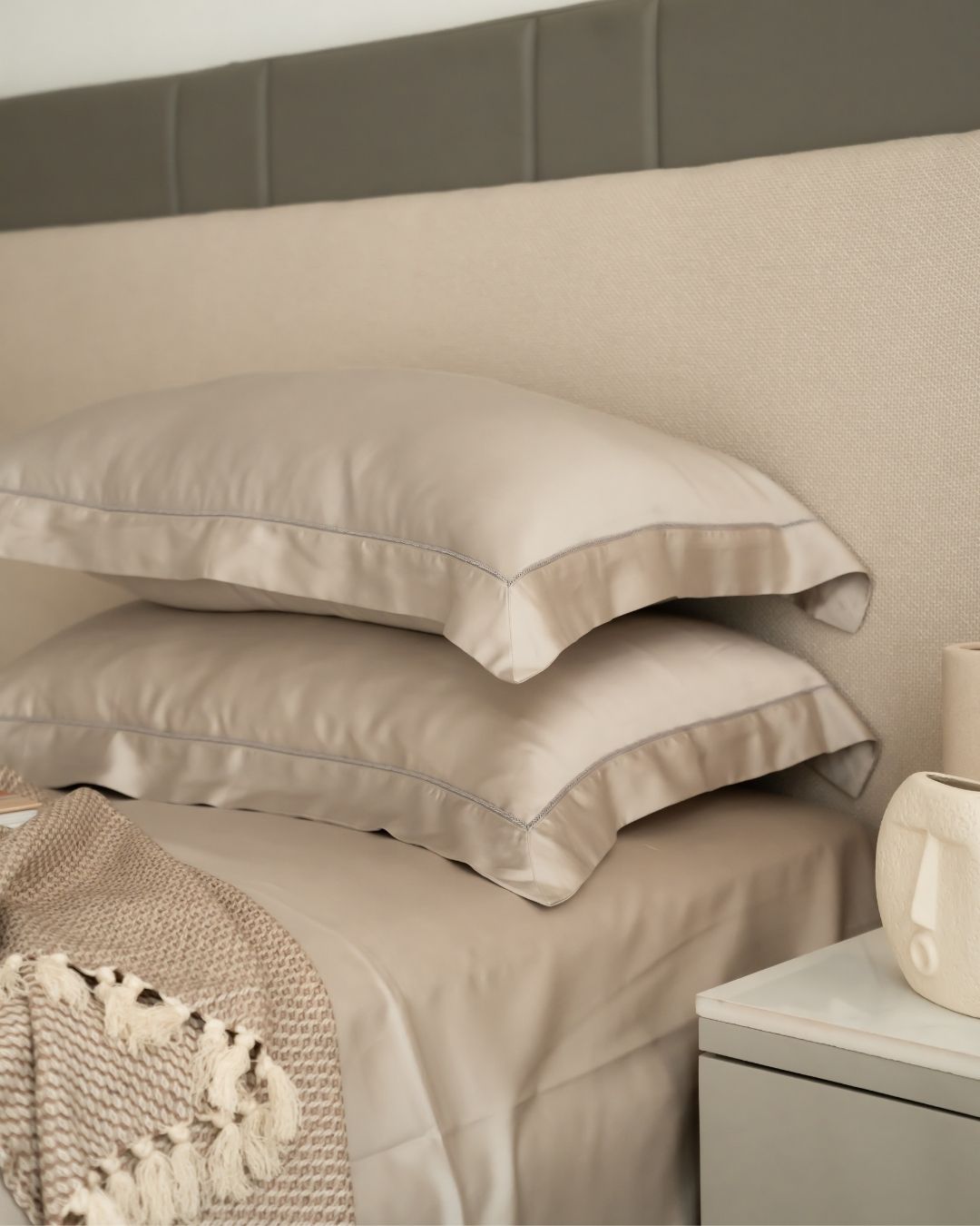Eggshell Grey Tencel Bedsheet Set with Lace
