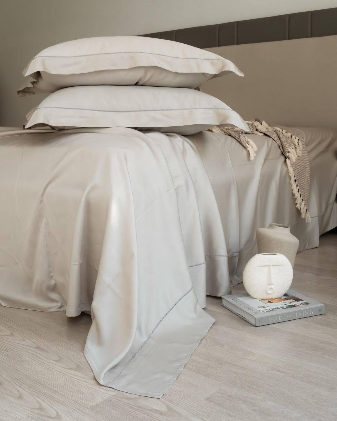 Eggshell Grey Tencel Bedsheet Set with Lace