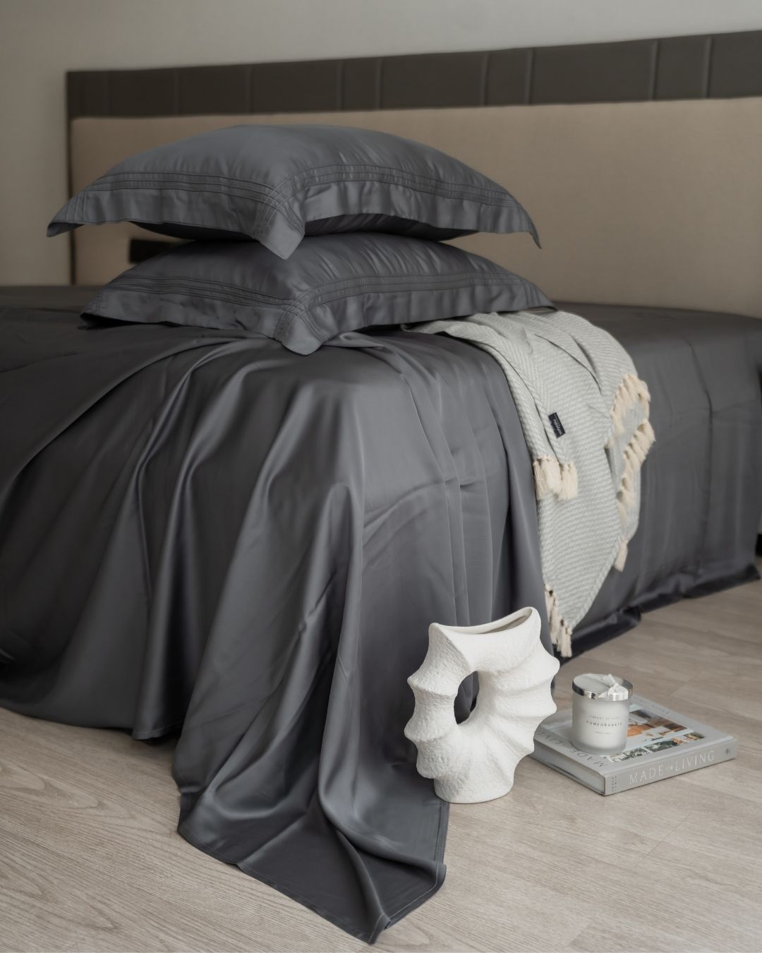 Charcoal Grey Pleated Bamboo Bedsheet Set