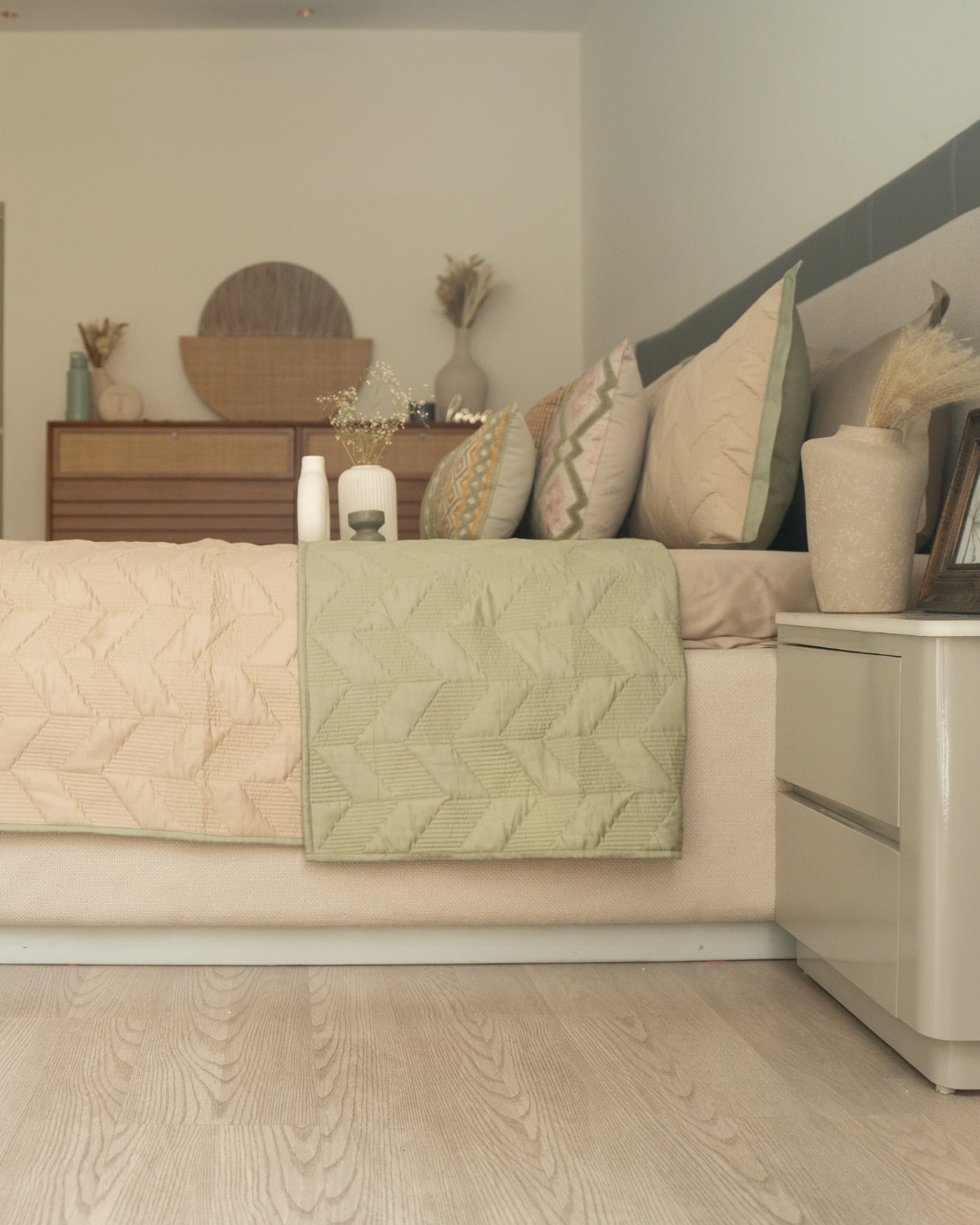 Quilted Forest Green and Sand Astor Reversible Bedspread